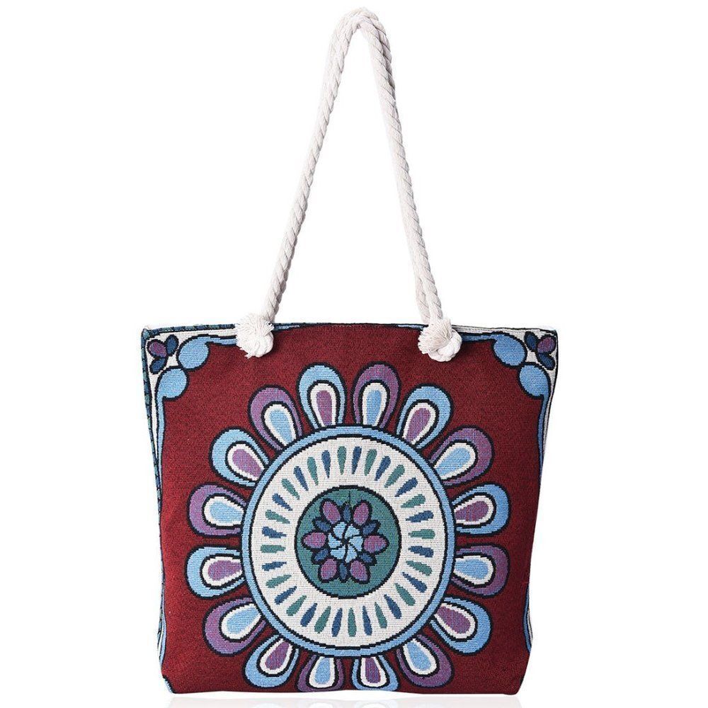 Flower Pattern Jute Tote Bag Maroon